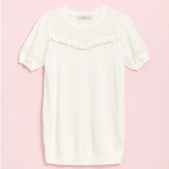 LOFT Off White Short Sleeve Knit Eyelet Ruffle Short Sleeve Top small - Picture 2 of 3